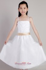 White Column Straps Tea-length Tulle Sequins and Belt Little Girl Dress