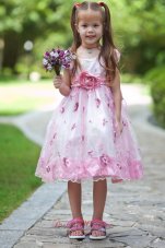 White and Pink A-line Scoop Tea-length Taffeta and Organza Hand Made Flowers Flower Girl Dress