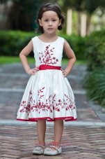 White and Red Flower Girl Dress A-line Scoop Taffeta Embroidery Tea-length