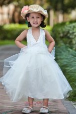 White A-line Halter Ankle-length Taffeta and Tulle Beading and Hand Made Flowers Flower Girl Dress