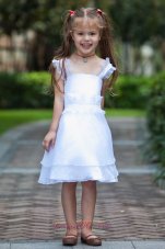 White Column / Sheath Straps Flower Girl Dress Knee-length Taffeta and Organza Beading and Ruffles