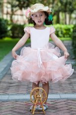 White and Watermelon Red A-line Scoop Flower Girl Dress Knee-length Satin and Organza Ruffles
