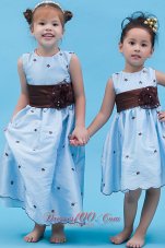 Baby Blue A-line Scoop Flower Girl Dress Ankle-length Taffeta Appliques