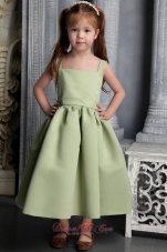 Olive Green A-line Straps Tea-length Satin Belt and Bowknot Little Girl Dress