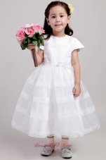 White A-Line / Princess Scoop Tea-length Satin and Lace Hand Made Flower Flower Girl Dress