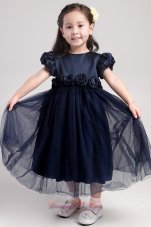 Navy Blue A-Line / Princess Scoop Tea-length Taffeta and Organza Hand Made Flower Flower Girl Dress