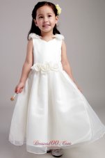 White A-line Straps Ankle-length Taffeta and Organza Hand Made Flowers Flower Girl Dress