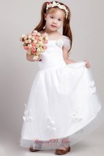 White A-line Square Ankle-length Taffeta and Tulle Hand Made Flowers Flower Girl Dress