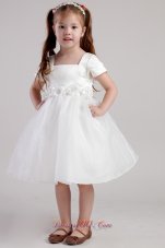 White A-line Square Knee-length Organza Handle Made Flowers Little Girl Dress