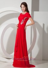 2013 Affordable Red Empire Square Appliques Prom Dress Brush Train Chiffon