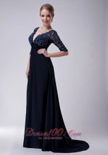 2013 Exclusive Navy Blue Empire V-neck Mother Of The Bride Dress Brush Train Chiffon Appliques