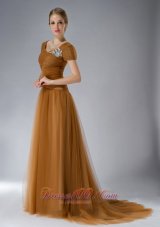 2013 Beautiful Brown Empire Square Mother Of The Bride Dress Brush Train Tulle Appliques