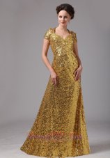 2013 Gold Paillette Over Skirt V-neck Cap Sleeves Prom Dress For Celebrity In Morrow Georgia