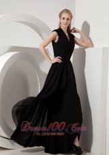2013 Simple Black Evening Dress Column V-neck Chiffon Floor-length
