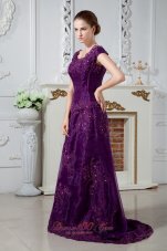 New Eggplant Purple A-line Scoop Appliques and Beading Mother Of The Bride Dress Brush Train Satin
