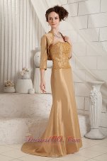 New Gold Customize Mother Of The Bride Dress Column Satin Beading Brush Train