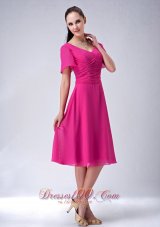 Popular New Hot Pink A-line / Princess V-neck Bridesmaid Dress Chiffon Tea-length
