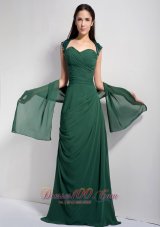 Popular Dark Green Column Sweetheart Brush Train Chiffon Ruch Bridesmaid Dress