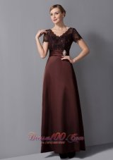 Discount Custom Made Brown Column Mother Of The Bride Dress V-neck Beading Ankle-length Satin
