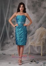 Discount Latest Turquoise Column / Sheath Evening Dress Strapless Taffeta Ruffles Knee-length