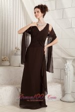 Discount Brown Column V-neck Floor-length Chiffon Ruch Mother Of The Bride Dress