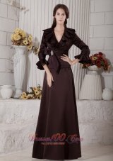 Elegant Modest Brown A-line Mother of the Bride Dress V-neck Beading Floor-length Satin