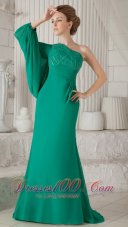 Elegant Turquoise Column One Shoulder Long Sleeve Brush Train Chiffon Beading Mother of the Bride Dress