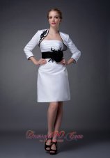 Modest White and Black Column Strapless Mother Of The Bride Dress Mini-length Satin Belt