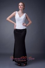 Customize Black and White Column Mother Of The Bride Dress V-neck Ankle-length Lace and Satin