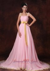 2013 Pink Court Train Bowknot Chiffon A-line Celebrity Prom Gowns For 2013 Custom Made