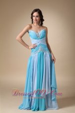 2013 Blue Empire Sweetheart Brush Train Chiffon Appliques with Beading Prom Dress