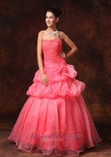 2013 Watermelon Red Hand Made Flowers And Appliques A-line Strapless Organza 2013 New Arrival Prom Gowns For Custom Made