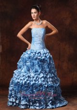 2013 Ruffles Light Blue Strapless A-line Appliques Taffeta Chic New Arrival Prom Gowns In Bessemer Alabama