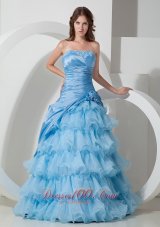 2013 Affordable Baby Blue A-line Strapless Hand Flowers Prom Dress Floor-length Organza