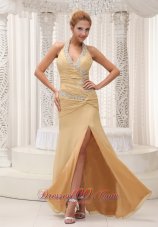2013 High Slit Beaded Decorate Halter Ruched Bodice Custom Made Champagne Prom / Evening Dress For 2013