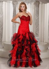 2013 Ruffles A-line Swetheart Ruched Bodice Prom Dress Red and Black With Beading Decorate