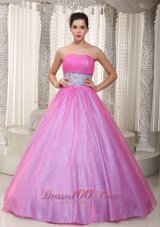 2013 Pink A-Line / Princess Strapless Floor-length Organza Beading Prom Dress