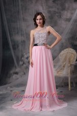 2013 Baby Pink Empire One Shoulder Prom Dress Chiffon Beading Brush Train