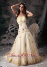 2013 Customize A-Line / Princess Wedding Dress Strapless Organza Embroidery Brush Train