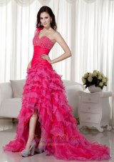2013 Hot Pink A-line One Shoulder Brush Train Organza Beading Prom / Evening Dress