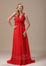 2013 Bloomfield Hills Hand Made Flowers With Beading Decorate Waist Ruch V-neck Red Chiffon Brush Train For 2013 Prom / Evening Dress