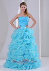 2013 Beautiful Aqua Blue Sweetheart 2013 Prom Dress Beaded Decorate Up Bodice and Organza Ruffles