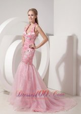 2013 Fashionable Baby Pink Evening Dress Mermaid Halter Organza and Taffeta Beading and Appliques Brush Train