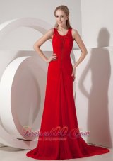 2013 Pretty Red Evening Dress Column Scoop Chiffon Brush Train