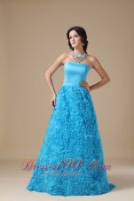 2013 Teal A-line Strapless Floor-length Fabric With Rolling Flower Prom Dress