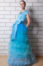 2013 Aqua Blue Column Square Prom Dress Tuleand Taffeta Beading Floor-length