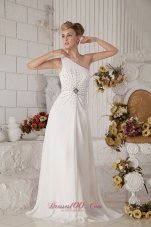 2013 White Empire One Shoulder Brush Train Chiffon Beading Prom Dress