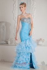 2013 Sky Blue Mermaid High-low Split Prom Dress with Ruffles and Beading