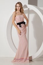 2013 Baby Pink Column Homecoming Dress Bow Strapless Brush Train Chiffon