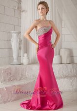 2013 Hot Pink Trumpet / Mermaid Strapless Brush Train Elastic Woven Satin Beading Prom / Pageant Dress